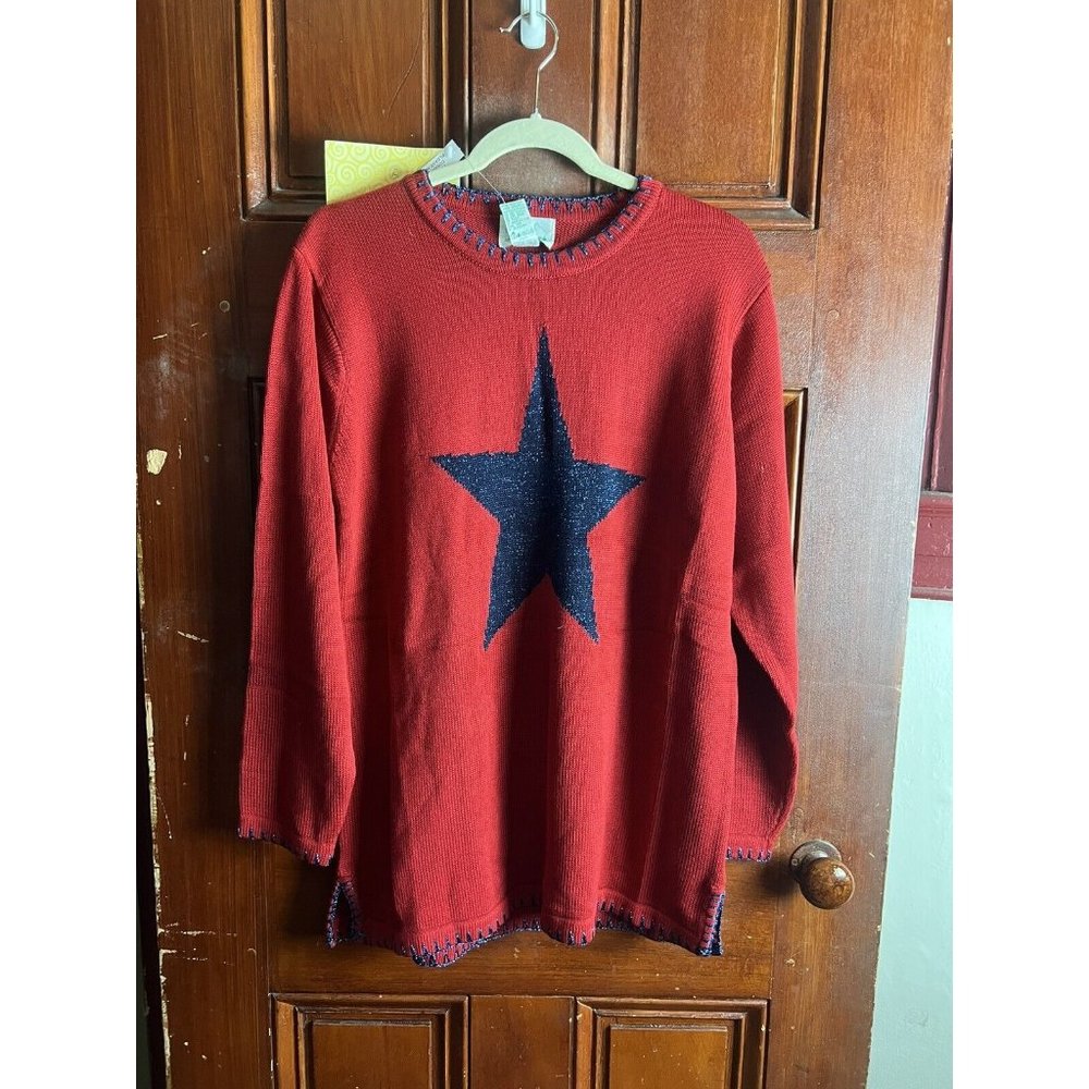 NWT Quacker Factory Star Spangled Sweater Blue Sparkly Star Christmas Red Sz L